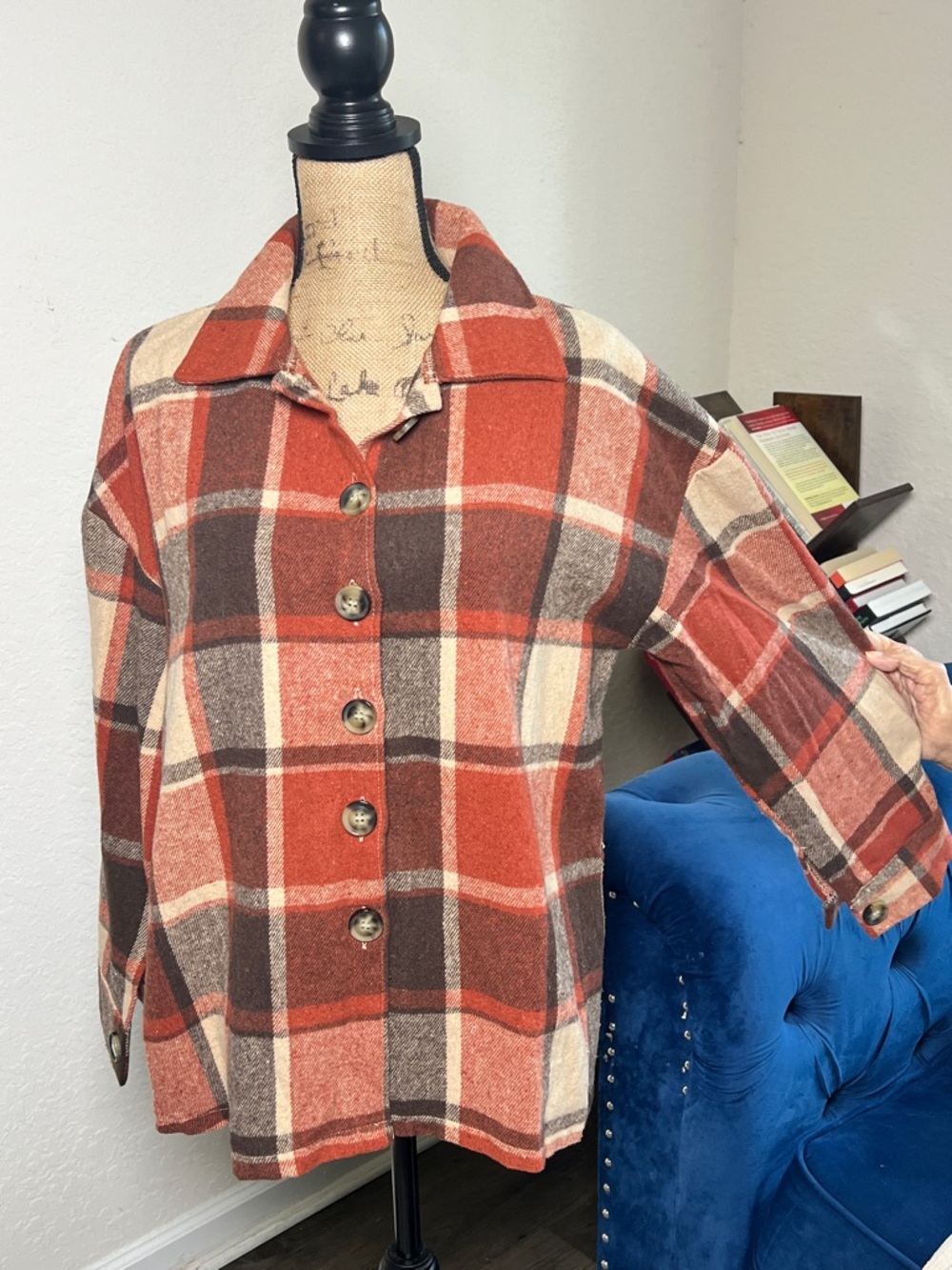 Plaid Button-Front Shacket - Rust & Cream - Picture 5 of 5